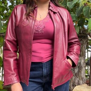 Hillard & Hanson Wine Red Leather Jacket